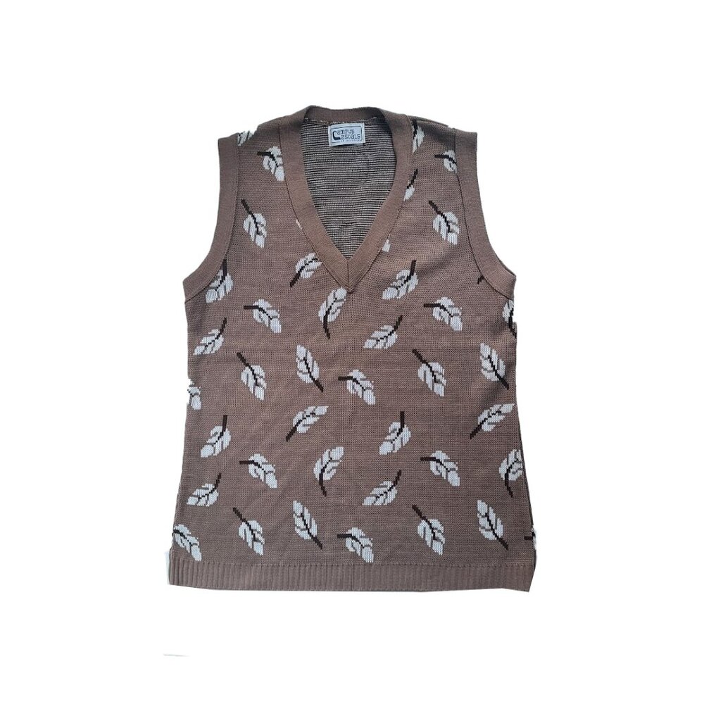 Women's Vintage Campus Knit Sweater Vest Geometric Leaves V-Neck Sleeveless